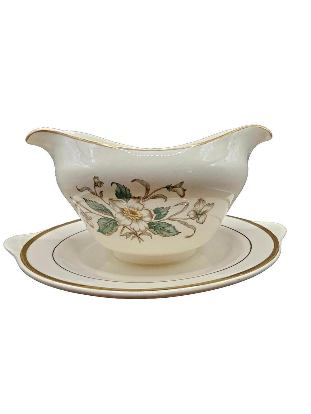 Vtg Knowles Gravy Boat Carolin Magnolia Attached Serving Plate Gold Trim
